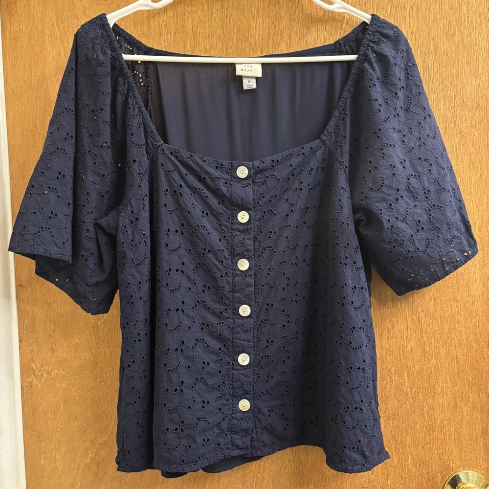 A New Day Blue and White Puff Sleeve Blouse